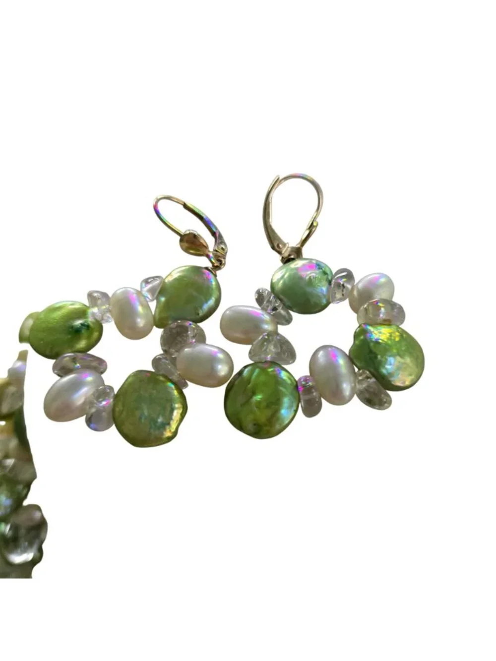 Vintage Green Coin Pearl Fresh Water Pearl Double Strand Necklace Earring Set